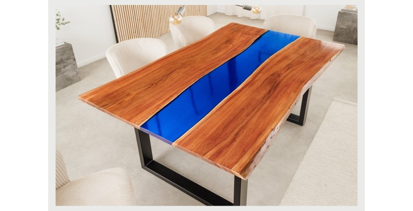 Table de salle à manger LAGUNA – Rectangulaire 160 cm – Bois massif d’acacia et résine époxy bleue