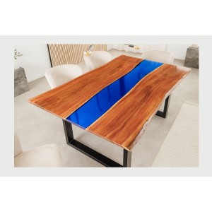 Table de salle à manger LAGUNA – Rectangulaire 160 cm – Bois massif d’acacia et résine époxy bleue