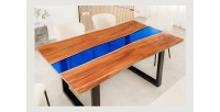 Table de salle à manger LAGUNA – Rectangulaire 160 cm – Bois massif d’acacia et résine époxy bleue