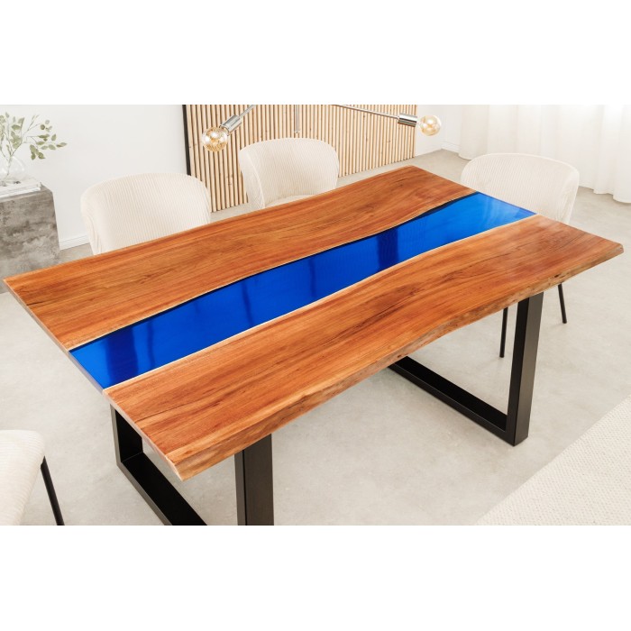 Table de salle à manger LAGUNA – Rectangulaire 160 cm – Bois massif d’acacia et résine époxy bleue