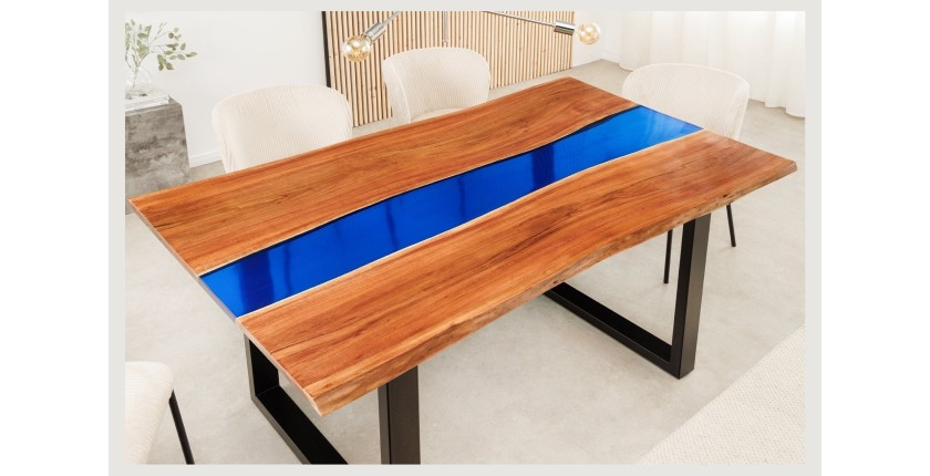 Table de salle à manger LAGUNA – Rectangulaire 160 cm – Bois massif d’acacia et résine époxy bleue