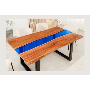 Table de salle à manger LAGUNA – Rectangulaire 160 cm – Bois massif d’acacia et résine époxy bleue