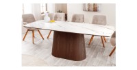 Table rectangulaire LUMEA – 200 cm – Plateau céramique effet marbre blanc et pied en bois foncé – Style contemporain