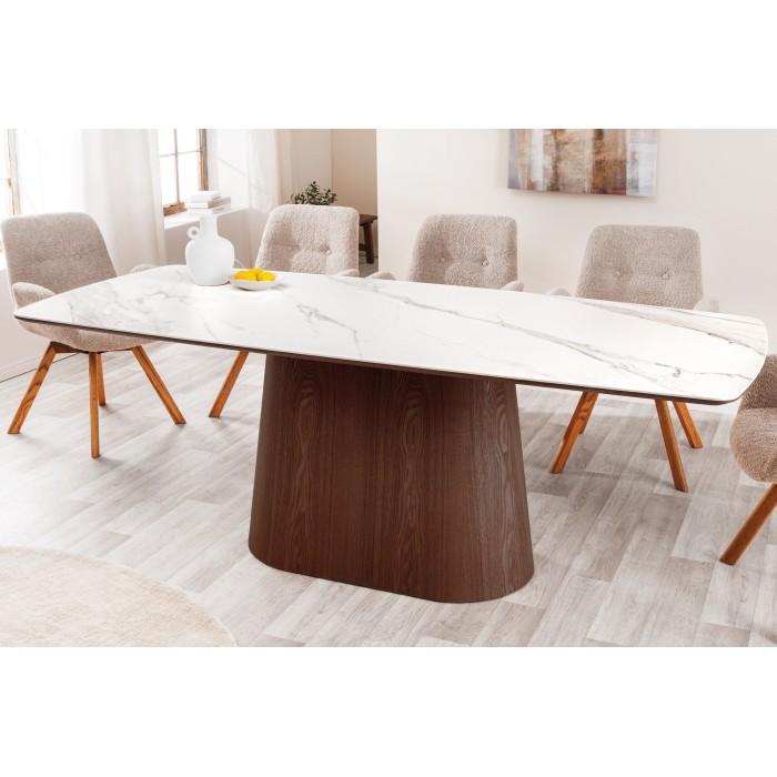 Table rectangulaire LUMEA – 200 cm – Plateau céramique effet marbre blanc et pied en bois foncé – Style contemporain