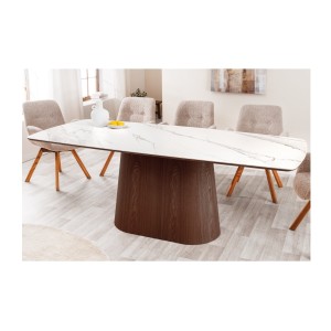Table rectangulaire LUMEA – 200 cm – Plateau céramique effet marbre blanc et pied en bois foncé – Style contemporain