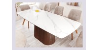 Table rectangulaire LUMEA – 200 cm – Plateau céramique effet marbre blanc et pied en bois foncé – Style contemporain
