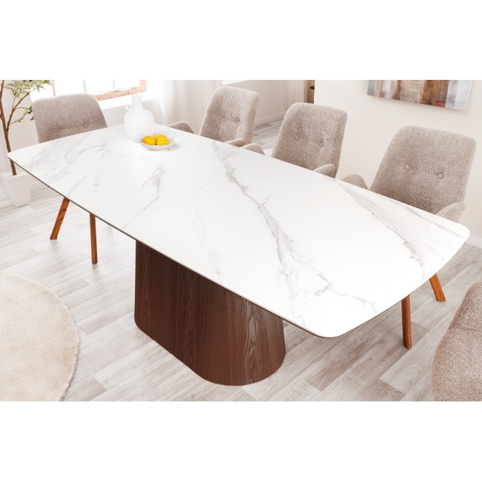 Table rectangulaire LUMEA – 200 cm – Plateau céramique effet marbre blanc et pied en bois foncé – Style contemporain
