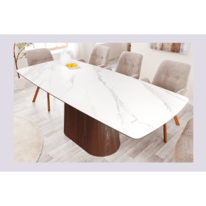 Table rectangulaire LUMEA – 200 cm – Plateau céramique effet marbre blanc et pied en bois foncé – Style contemporain