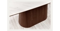 Table rectangulaire LUMEA – 200 cm – Plateau céramique effet marbre blanc et pied en bois foncé – Style contemporain