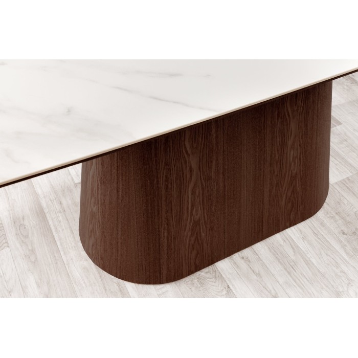 Table rectangulaire LUMEA – 200 cm – Plateau céramique effet marbre blanc et pied en bois foncé – Style contemporain