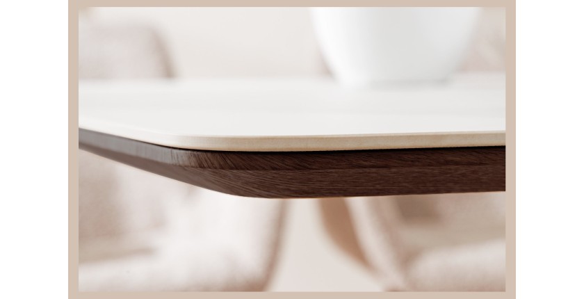 Table rectangulaire LUMEA – 200 cm – Plateau céramique effet marbre blanc et pied en bois foncé – Style contemporain