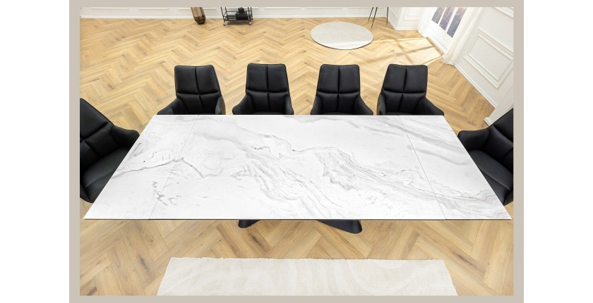 Table ZAREL – Extensible 180 à 260 cm – Céramique et verre trempé – Effet marbre blanc – Style contemporain