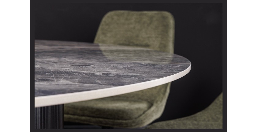 Table de salle à manger LUMEA – Ronde 120 cm – Effet marbre gris foncé – Pied central large – Style contemporain