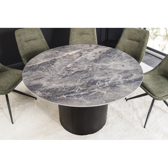 Table de salle à manger LUMEA – Ronde 120 cm – Effet marbre gris foncé – Pied central large – Style contemporain