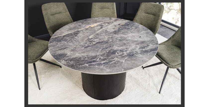 Table de salle à manger LUMEA – Ronde 120 cm – Effet marbre gris foncé – Pied central large – Style contemporain