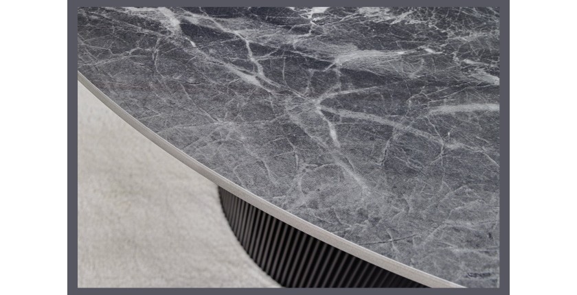 Table de salle à manger LUMEA – Ronde 120 cm – Effet marbre gris foncé – Pied central large – Style contemporain
