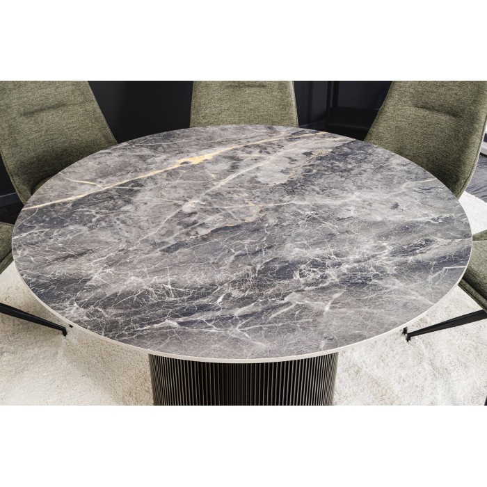 Table de salle à manger LUMEA – Ronde 120 cm – Effet marbre gris foncé – Pied central large – Style contemporain