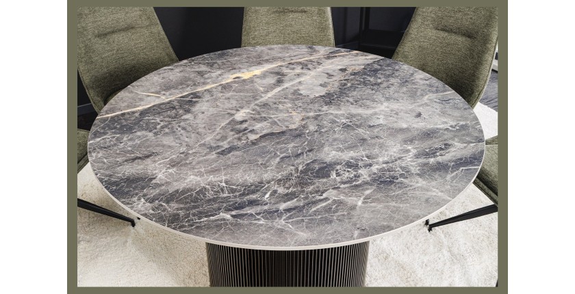 Table de salle à manger LUMEA – Ronde 120 cm – Effet marbre gris foncé – Pied central large – Style contemporain