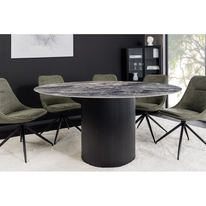 Table de salle à manger LUMEA – Ronde 120 cm – Effet marbre gris foncé – Pied central large – Style contemporain