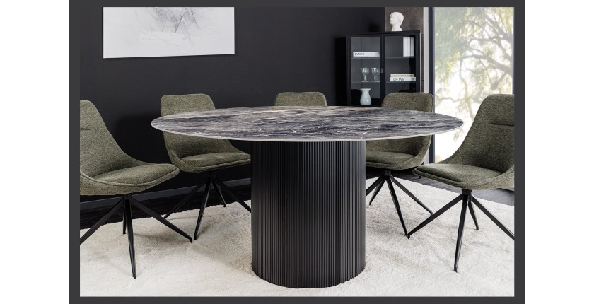 Table de salle à manger LUMEA – Ronde 120 cm – Effet marbre gris foncé – Pied central large – Style contemporain