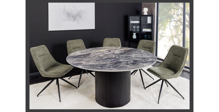 Table de salle à manger LUMEA – Ronde 120 cm – Effet marbre gris foncé – Pied central large – Style contemporain