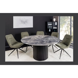 Table de salle à manger LUMEA – Ronde 120 cm – Effet marbre gris foncé – Pied central large – Style contemporain