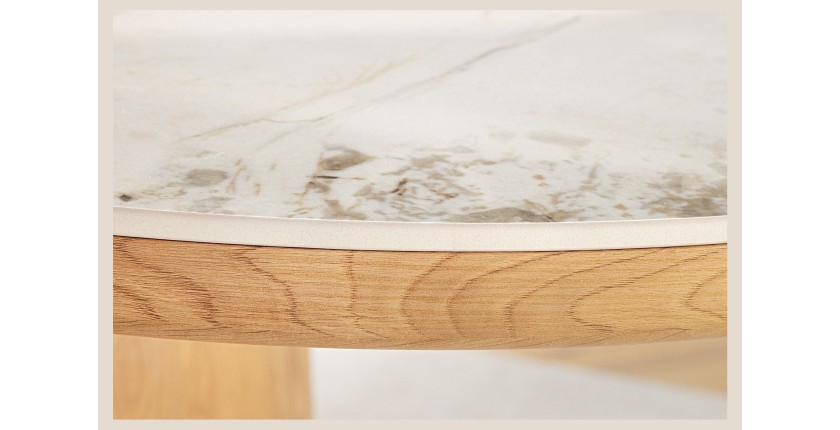 Table de salle à manger LUMEA – Ovale 200 cm – Effet marbre blanc – Pied large – Style contemporain