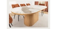 Table de salle à manger LUMEA – Ovale 200 cm – Effet marbre blanc – Pied large – Style contemporain