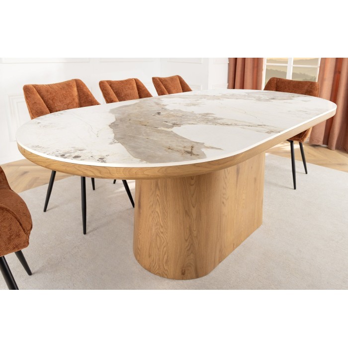 Table de salle à manger LUMEA – Ovale 200 cm – Effet marbre blanc – Pied large – Style contemporain