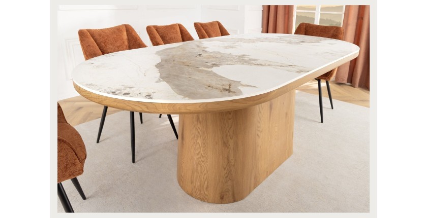 Table de salle à manger LUMEA – Ovale 200 cm – Effet marbre blanc – Pied large – Style contemporain