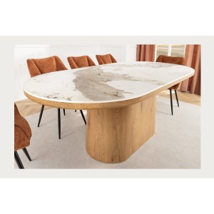 Table de salle à manger LUMEA – Ovale 200 cm – Effet marbre blanc – Pied large – Style contemporain