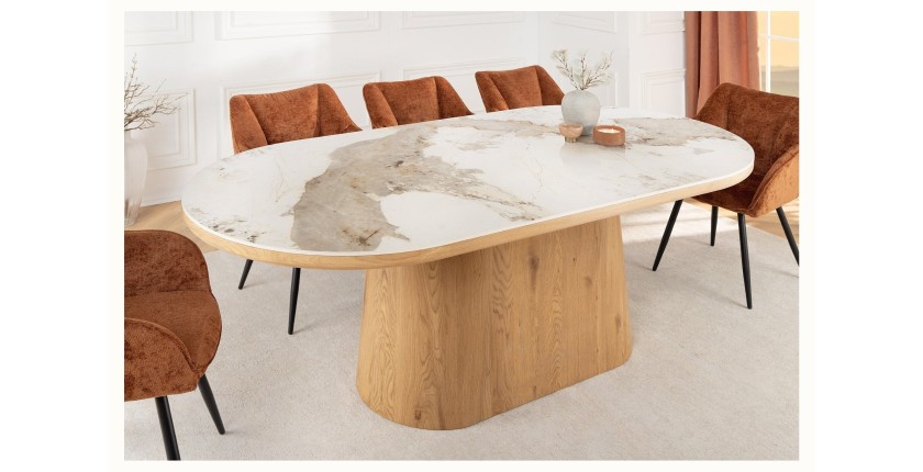 Table de salle à manger LUMEA – Ovale 200 cm – Effet marbre blanc – Pied large – Style contemporain
