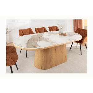 Table de salle à manger LUMEA – Ovale 200 cm – Effet marbre blanc – Pied large – Style contemporain