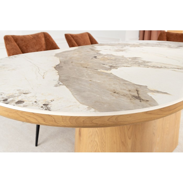 Table de salle à manger LUMEA – Ovale 200 cm – Effet marbre blanc – Pied large – Style contemporain