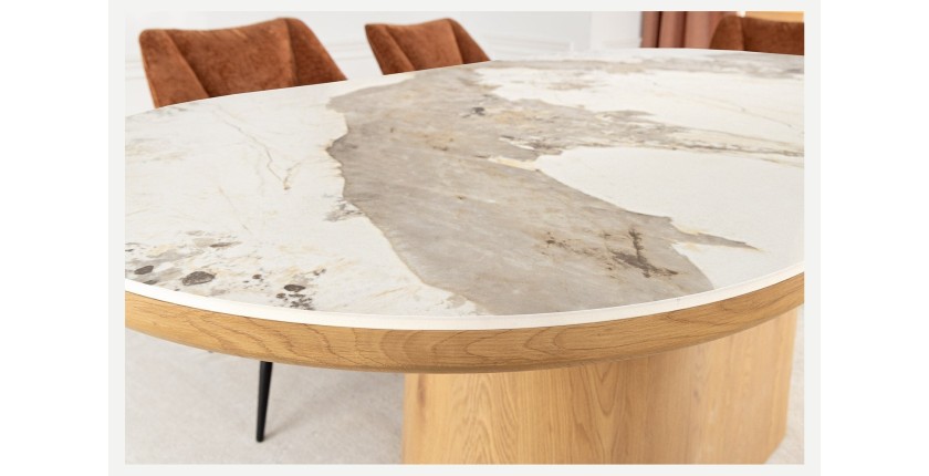 Table de salle à manger LUMEA – Ovale 200 cm – Effet marbre blanc – Pied large – Style contemporain