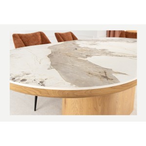 Table de salle à manger LUMEA – Ovale 200 cm – Effet marbre blanc – Pied large – Style contemporain