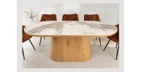 Table de salle à manger LUMEA – Ovale 200 cm – Effet marbre blanc – Pied large – Style contemporain
