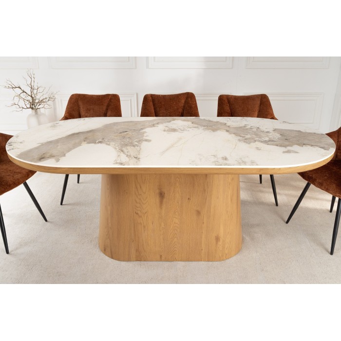 Table de salle à manger LUMEA – Ovale 200 cm – Effet marbre blanc – Pied large – Style contemporain