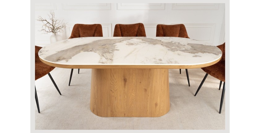 Table de salle à manger LUMEA – Ovale 200 cm – Effet marbre blanc – Pied large – Style contemporain