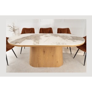 Table de salle à manger LUMEA – Ovale 200 cm – Effet marbre blanc – Pied large – Style contemporain
