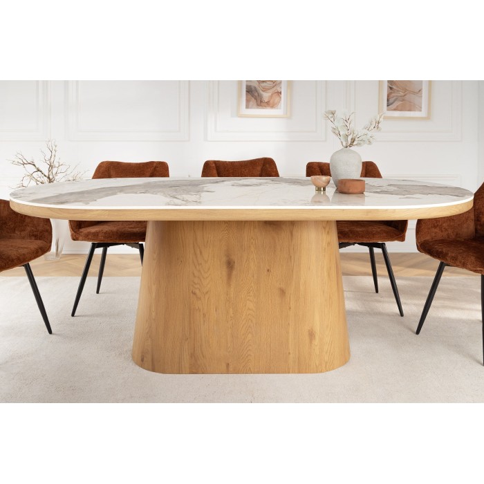 Table de salle à manger LUMEA – Ovale 200 cm – Effet marbre blanc – Pied large – Style contemporain