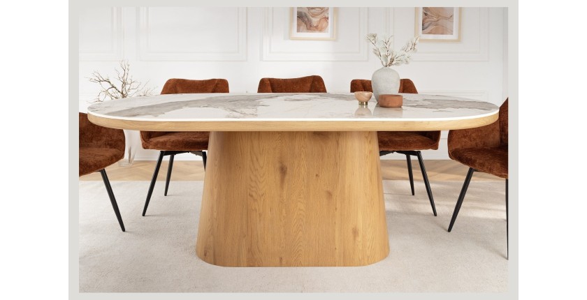 Table de salle à manger LUMEA – Ovale 200 cm – Effet marbre blanc – Pied large – Style contemporain
