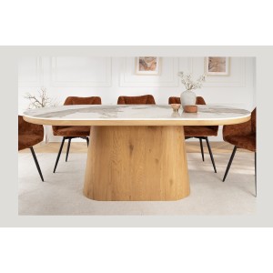Table de salle à manger LUMEA – Ovale 200 cm – Effet marbre blanc – Pied large – Style contemporain