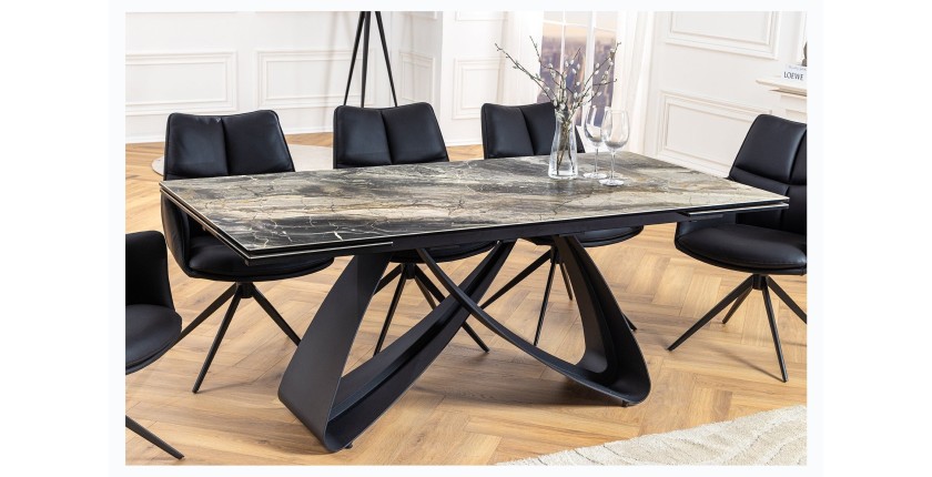 Table de salle à manger ZAREL – Extensible 180 à 260 cm – Céramique et verre trempé – Aspect marbre gris taupe