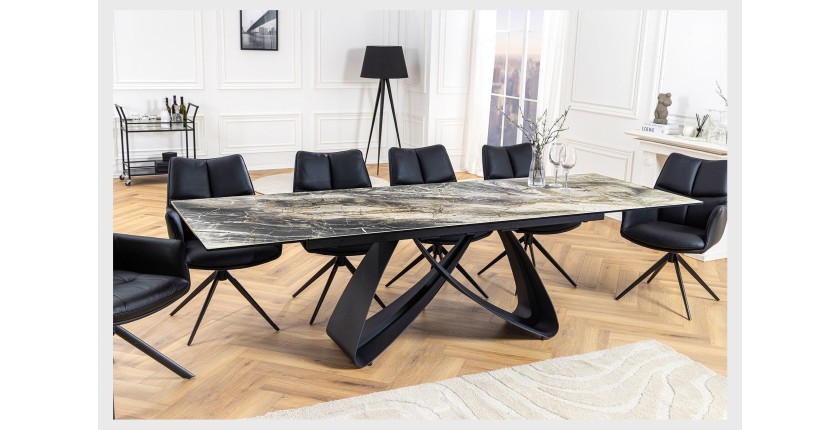 Table de salle à manger ZAREL – Extensible 180 à 260 cm – Céramique et verre trempé – Aspect marbre gris taupe