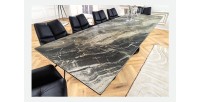 Table de salle à manger ZAREL – Extensible 180 à 260 cm – Céramique et verre trempé – Aspect marbre gris taupe