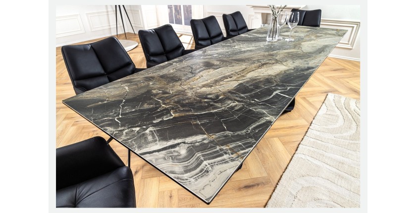 Table de salle à manger ZAREL – Extensible 180 à 260 cm – Céramique et verre trempé – Aspect marbre gris taupe