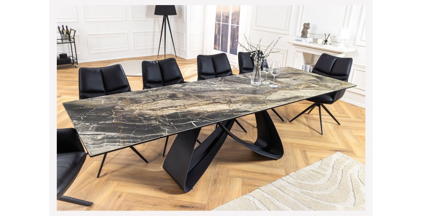 Table de salle à manger ZAREL – Extensible 180 à 260 cm – Céramique et verre trempé – Aspect marbre gris taupe