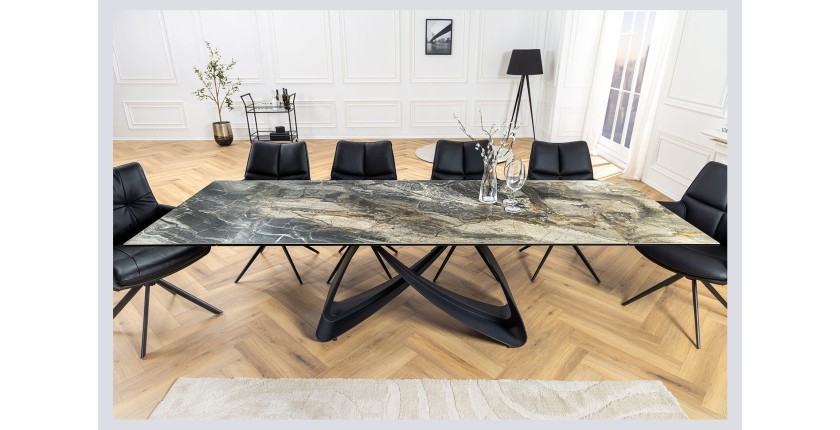 Table de salle à manger ZAREL – Extensible 180 à 260 cm – Céramique et verre trempé – Aspect marbre gris taupe