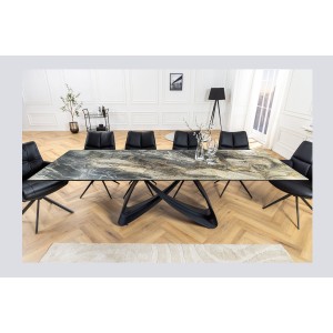 Table de salle à manger ZAREL – Extensible 180 à 260 cm – Céramique et verre trempé – Aspect marbre gris taupe